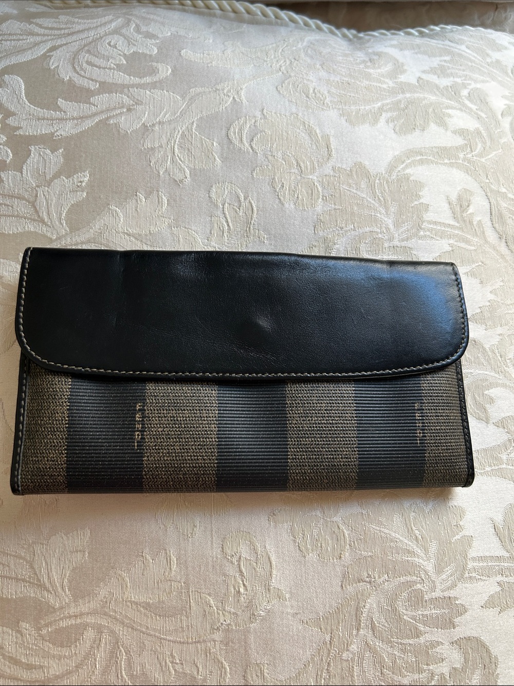 7077. Vintage Fendi Black and Brown Pequin Striped Coated Canvas Flap Wallet - Picture 2 of 10